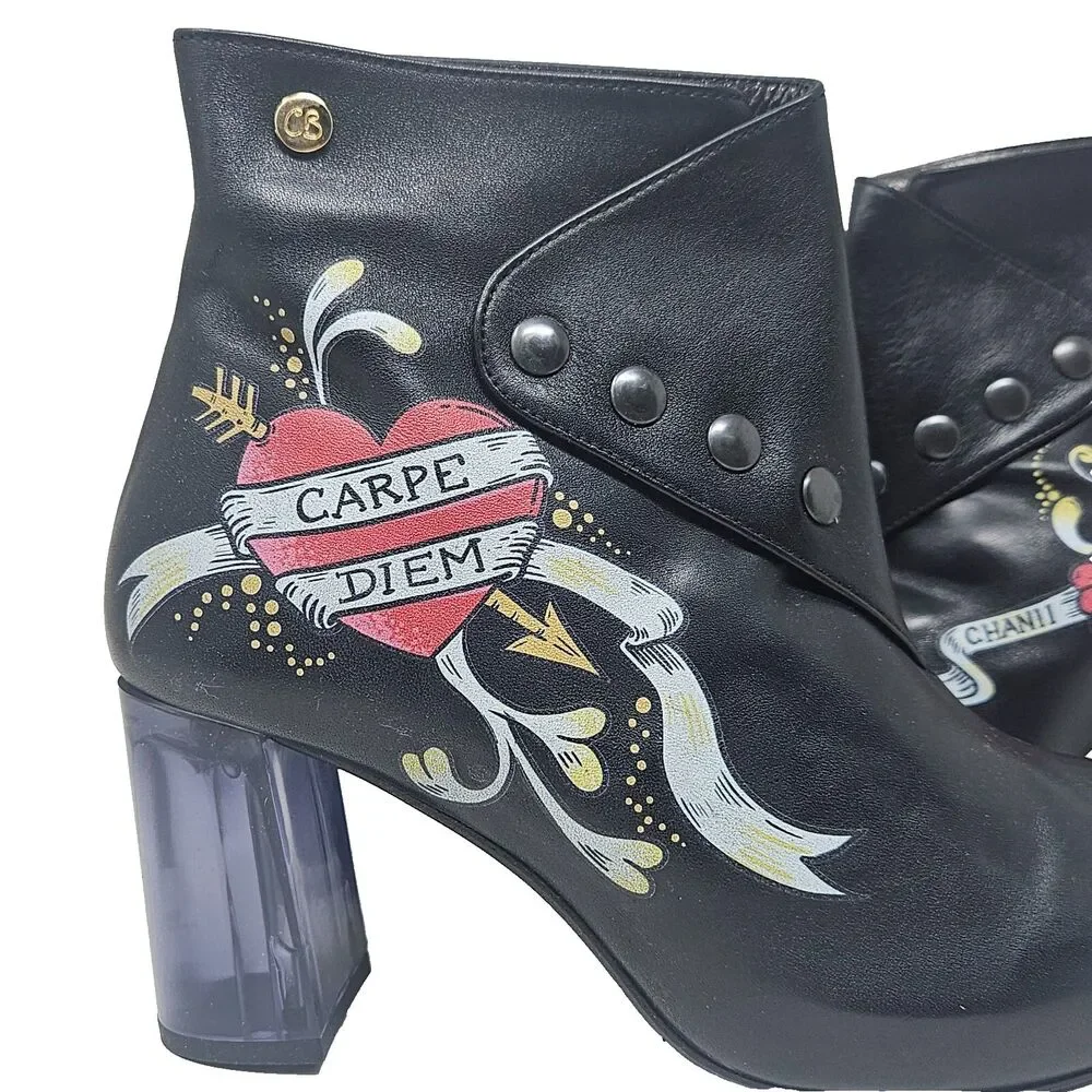 CHANII B Ankle Boot Carpe Diem Black Tattoo 41 Leather Limited Edition Glam Rock